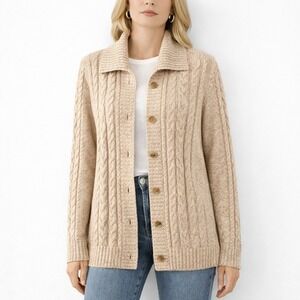 L.L.Bean Cable Knit Fisherman Cardigan Sweater Beige Cotton Button Front M
